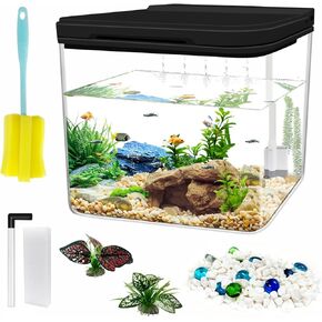 0.8 Gallon Small Fish Tank Kit, Aquarium Starter Kit with Super-Quiet Water Pump, Rain Filtration, Self Cleaning Filtration, LED Light, Easy Changing Water (White)