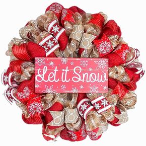 Burlap Let It Snow Wreath | Winter Christmas Mesh Front Door Wreath; White Red Brown Jute