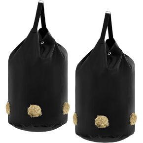 2 Pcs hay Bags for Horses Goats Slow Feed 1680D Oxford Bag Black Large Capacity Net Open Feed Hole Hay Holder for Horse Goats Sheep(Grid)