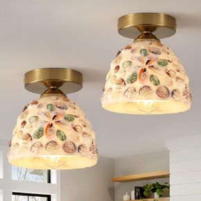 2 Pack Shell Flush Mount Ceiling Light Fixture Boho Natural Handmade Dome Shellshade Brass Small Semi Flush Mount Ceiling Light for Kitchen Bedroom Hallway Farmhouse Entry Hall, Antique Gold