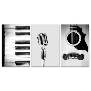 Music Art Wall Decor 4x6 inches Each Black and White Photography Artwork Guitar Piano Microphone Print Set of 3 Black and White Music Art Music Poster Gift for Musician Music Room