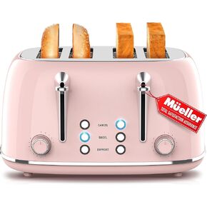 MÜELLERHOME Retro Toaster 2 Slice, 7 Browning Levels, 3 Functions (Reheat, Defrost, Cancel), Stainless Steel Features, Removable Crumb Tray, Under Base Cord Storage, Black