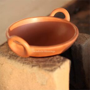 SWADESHI BLESSINGS HandMade Exclusive Range Unglazed Clay/Mitti/Earthen Kadai for Cooking, 1.8Liters (with Natural Firing Shade & Mirror Shine) + Free Palm Leaf Stand (Red 1.8 Litres)