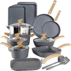 Kitchen Academy Induction Cookware Set-17 Piece Non-stick Cooking Pan Set, Black Granite Pots and Pans Set