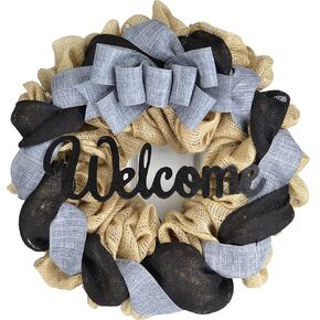 Everyday Burlap Welcome Wreath - Birthday Gift for Mom - Wedding Present - Black Grey Brown