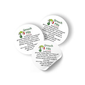 40 Christmas, "Grouch Pills" stickers, tags, labels, round