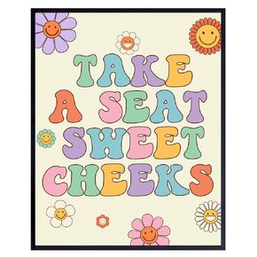 Sweet Cheeks Bathroom Decor for Women - 70s Retro style Bathroom Artwork - Funny Bathroom Decor - Cute SMILEY FACE Restroom Wall Decor - small Bathroom Sign - Pastel Colors Fun Bathroom Decor Wall Art