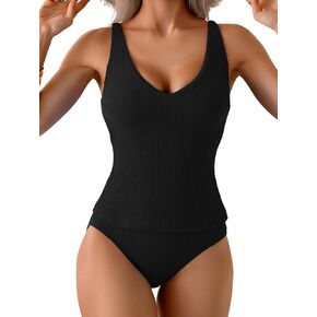 Eomenie Women's Tankini Swimsuits Ribbed Tummy Control Two Piece Bathing Suits Tie Back High Waisted Swimwear