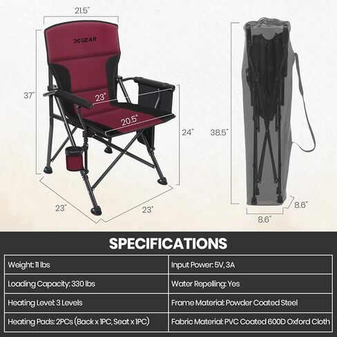 XGEAR Heated Camping Chair for Adults, 3 Heat Levels, Heated Back and Seat, Fully Padded Heated Camp Chair for Outdoor, Battery Not Included(Black/Silver) in Saudi Arabia