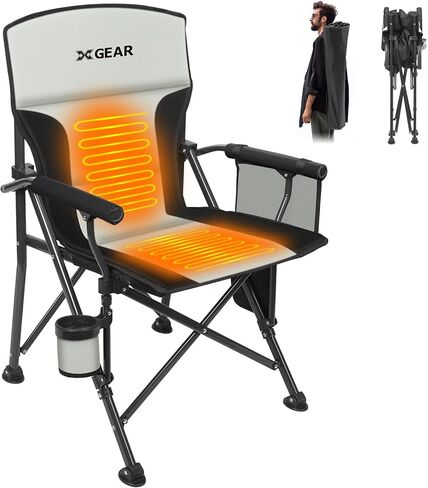 XGEAR Heated Camping Chair for Adults, 3 Heat Levels, Heated Back and Seat, Fully Padded Heated Camp Chair for Outdoor, Battery Not Included(Black/Silver) in Saudi Arabia