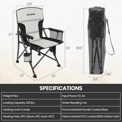 XGEAR Heated Camping Chair for Adults, 3 Heat Levels, Heated Back and Seat, Fully Padded Heated Camp Chair for Outdoor, Battery Not Included(Black/Silver) in Saudi Arabia