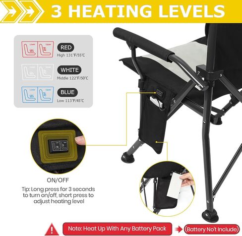 XGEAR Heated Camping Chair for Adults, 3 Heat Levels, Heated Back and Seat, Fully Padded Heated Camp Chair for Outdoor, Battery Not Included(Black/Silver) in Saudi Arabia