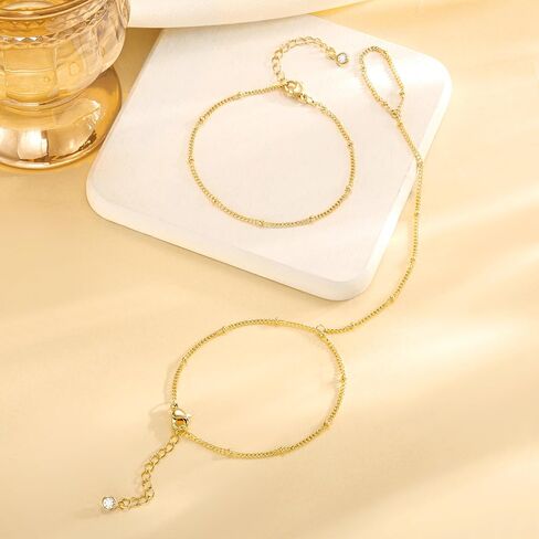 Dainty Hand Ring Chain CZ Bracelets for Women - Trendy 14K Gold Plated Adjustable Bead Satellite Hand Link Chain O-Chain Bracelet Non Tarnish Jewelry Gift in Saudi Arabia