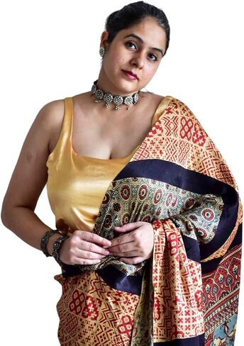 بلوزة Sundarii بأكمام قصيرة من الساتان | رقبة دائرية، بلوزة ستان ذهبية للنساء | مثالي لحفلات الزفاف والمناسبات الاحتفالية (38، بني) in Kuwait