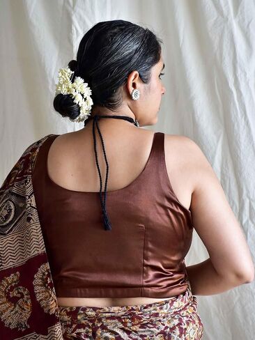 Sundarii Cut Sleeve Satin Blouse | Round Neck, Golden Satin Blouse for Women | Perfect for Wedding & Festive Occasions (38, Brown) in Saudi Arabia
