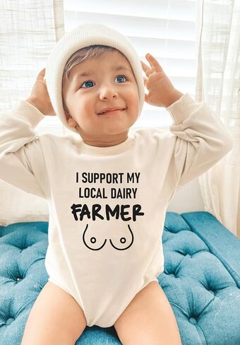 Milk Belly Vintage Bodysuit Breastfeed Boho Colorful Funny Newborn Support Your Local Dairy Farmer Romper (0-6 Months, Letter-Long Sleeve Bodysuit) in Saudi Arabia