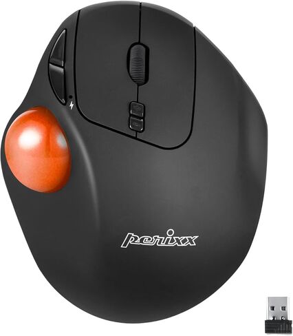 ماوس كرة التتبع اللاسلكي Perixx PERIMICE-717OGB، كرة تتبع لامعة مدمجة مقاس 1.34 بوصة مع ميزة الإشارة - 5 أزرار قابلة للبرمجة - جسم أسود - كرة برتقالية in Kuwait