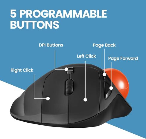ماوس كرة التتبع اللاسلكي Perixx PERIMICE-717OGB، كرة تتبع لامعة مدمجة مقاس 1.34 بوصة مع ميزة الإشارة - 5 أزرار قابلة للبرمجة - جسم أسود - كرة برتقالية in Kuwait