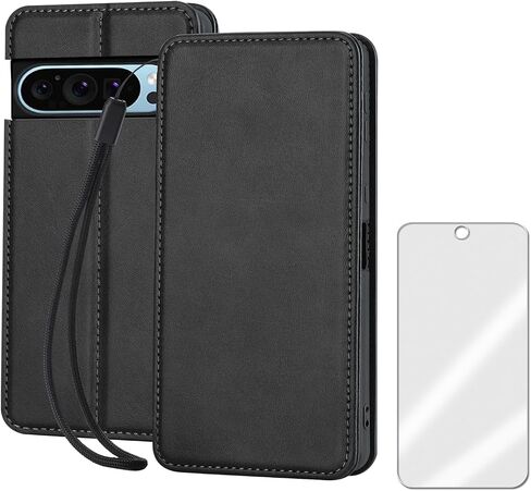 for Google Pixel 9/9 Pro Leather Case Stand Fuction Wallet Bag with Card Slots Protective （with Hand Strap and Tempered Screen Protector Black in Saudi Arabia