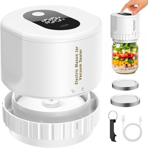 Electric Vacuum Sealer Kit with Can Opener, Regular and Wide Mouth Mason Jar Lids, Mason Jar Vacuum Sealer for Food Storage and Fermentation (White) in Saudi Arabia