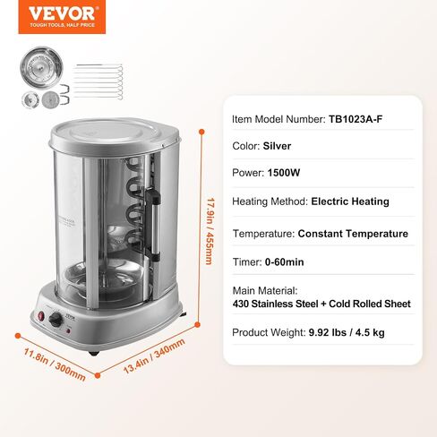 VEVOR Shawarma Grill Machine, 13 lbs Capacity, Chicken Shawarma Cooker Machine with 2 Burners, Gas Vertical Broiler Gyro Rotisserie Oven Doner Kebab Machine, for Home Restaurant Kitchen Parties in Saudi Arabia
