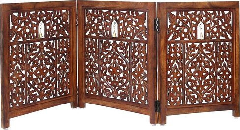Wooden Foldable Pet Dog Safety Gate - 3 Panel 20" W x 24" H - Hand Carved Mahanadi Free Standing Portable Indoor Puppy Gate - Doorway Hall Stairs Dog Fence - Assembled - Antique Brown - IRONGATE in Saudi Arabia