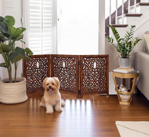 Wooden Foldable Pet Dog Safety Gate - 3 Panel 20" W x 24" H - Hand Carved Mahanadi Free Standing Portable Indoor Puppy Gate - Doorway Hall Stairs Dog Fence - Assembled - Antique Brown - IRONGATE in Saudi Arabia