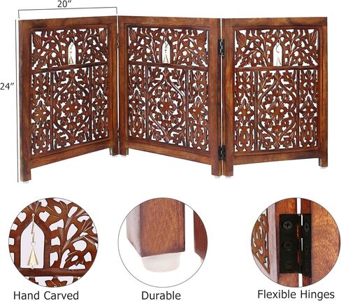 Wooden Foldable Pet Dog Safety Gate - 3 Panel 20" W x 24" H - Hand Carved Mahanadi Free Standing Portable Indoor Puppy Gate - Doorway Hall Stairs Dog Fence - Assembled - Antique Brown - IRONGATE in Saudi Arabia