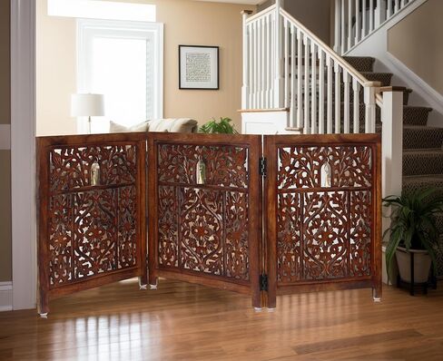 Wooden Foldable Pet Dog Safety Gate - 3 Panel 20" W x 24" H - Hand Carved Mahanadi Free Standing Portable Indoor Puppy Gate - Doorway Hall Stairs Dog Fence - Assembled - Antique Brown - IRONGATE in Saudi Arabia