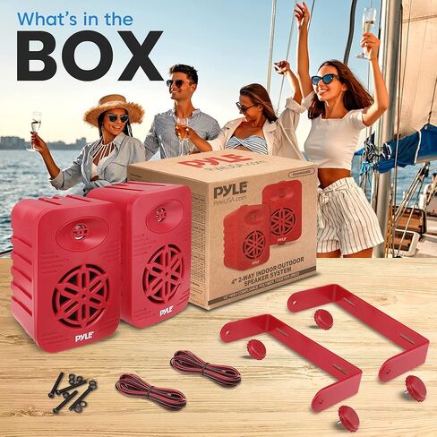 زوج مكبرات صوت داخلية وخارجية من PyleUsa - نظام مكبر صوت مزدوج مقاوم للماء 300 وات 4 بوصات ثنائي الاتجاه مع مكبر صوت بوليمر عالي التوافق 1/2 بوصة - في المنزل، القارب، البحرية، سطح السفينة، الفناء، بجانب حمام السباحة (أحمر) in Kuwait