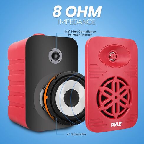 زوج مكبرات صوت داخلية وخارجية من PyleUsa - نظام مكبر صوت مزدوج مقاوم للماء 300 وات 4 بوصات ثنائي الاتجاه مع مكبر صوت بوليمر عالي التوافق 1/2 بوصة - في المنزل، القارب، البحرية، سطح السفينة، الفناء، بجانب حمام السباحة (أحمر) in Kuwait