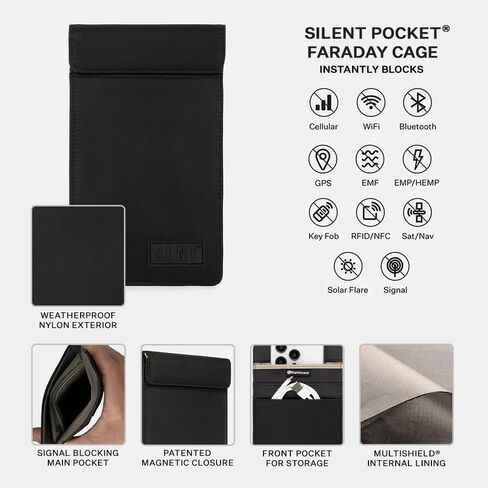 Silent Pocket SLNT Faraday Bag Smartphone Sleeve Weatherproof Nylon, Signal Blocking Device Shielding for iPhone, Samsung Galaxy, Most Phones - Privacy & Anti-Hacking (Black, Medium Plus) in Saudi Arabia