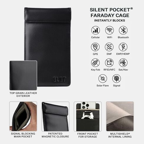 Silent Pocket SLNT Faraday Bag Smartphone Sleeve Weatherproof Nylon, Signal Blocking Device Shielding for iPhone, Samsung Galaxy, Most Phones - Privacy & Anti-Hacking (Black, Medium Plus) in Saudi Arabia