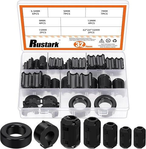32Pcs 7 Sizes Black Clip-on Ferrite Ring Core Toroid Core Ferrite Cores Assortment Kit RFI EMI Ferrite Bead Clip Noise Suppressor Filter Cable Clip for 3.5/5/7/9/13/15/42x24x16mm Dia. Cable in Kuwait