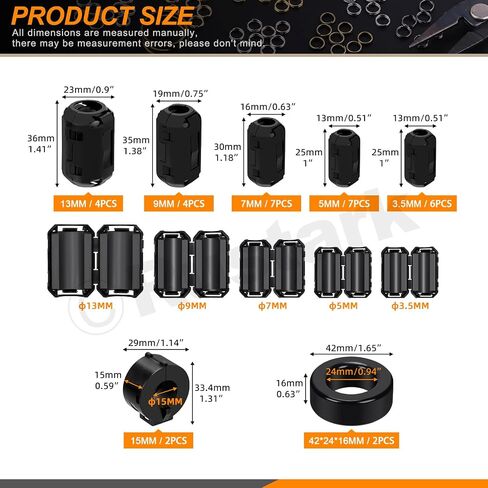 32Pcs 7 Sizes Black Clip-on Ferrite Ring Core Toroid Core Ferrite Cores Assortment Kit RFI EMI Ferrite Bead Clip Noise Suppressor Filter Cable Clip for 3.5/5/7/9/13/15/42x24x16mm Dia. Cable in Kuwait