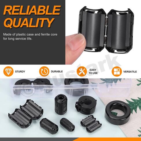 32Pcs 7 Sizes Black Clip-on Ferrite Ring Core Toroid Core Ferrite Cores Assortment Kit RFI EMI Ferrite Bead Clip Noise Suppressor Filter Cable Clip for 3.5/5/7/9/13/15/42x24x16mm Dia. Cable in Kuwait