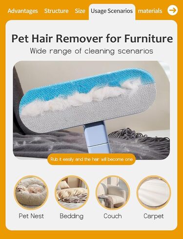 Solisifime Pet Hair Remover Tool with Long Hand, Cleaning Brush, 2 in 1 Cat Hair Remover Portable Fabric Brush for Dog Hair, Window, Couch, Carpets, Bedding, Furniture, Reusable, Washable in Saudi Arabia