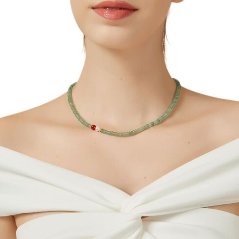 Natural Green Jade Necklace for Women Girl, Asymmetric Design Handmade Dainty Green Aventurine Jade Choker Beaded Necklace with Red Agate & Crystals Pearl (Adjustable Size 15.7+2'') in Kuwait