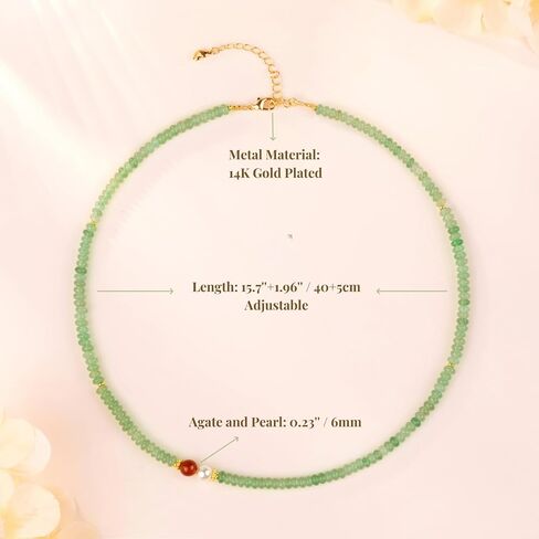 Natural Green Jade Necklace for Women Girl, Asymmetric Design Handmade Dainty Green Aventurine Jade Choker Beaded Necklace with Red Agate & Crystals Pearl (Adjustable Size 15.7+2'') in Kuwait