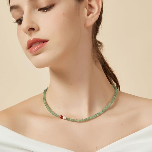 Natural Green Jade Necklace for Women Girl, Asymmetric Design Handmade Dainty Green Aventurine Jade Choker Beaded Necklace with Red Agate & Crystals Pearl (Adjustable Size 15.7+2'') in Kuwait
