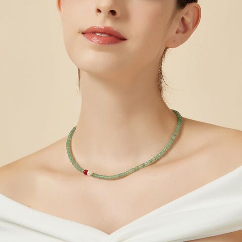Natural Green Jade Necklace for Women Girl, Asymmetric Design Handmade Dainty Green Aventurine Jade Choker Beaded Necklace with Red Agate & Crystals Pearl (Adjustable Size 15.7+2'') in Kuwait