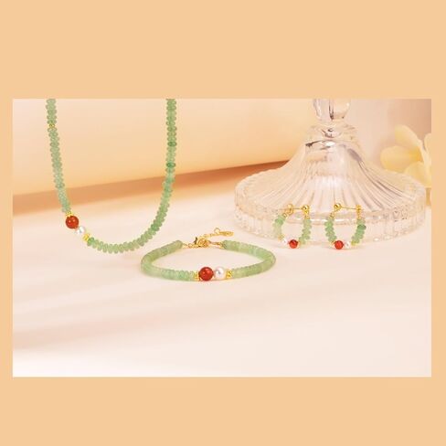 Natural Green Jade Necklace for Women Girl, Asymmetric Design Handmade Dainty Green Aventurine Jade Choker Beaded Necklace with Red Agate & Crystals Pearl (Adjustable Size 15.7+2'') in Kuwait