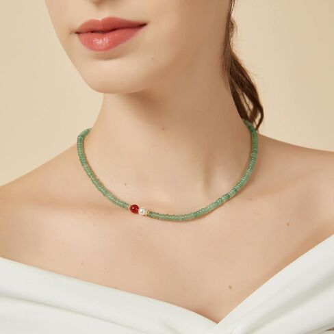 Natural Green Jade Necklace for Women Girl, Asymmetric Design Handmade Dainty Green Aventurine Jade Choker Beaded Necklace with Red Agate & Crystals Pearl (Adjustable Size 15.7+2'') in Kuwait