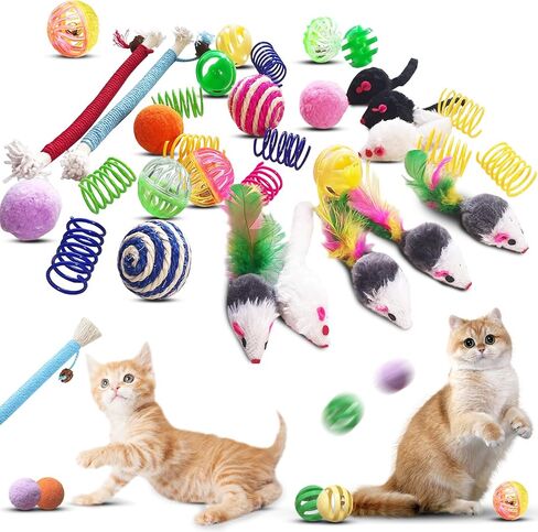 Cat Toys for Indoor Cats, 34 Packs Interactive Cat Toys for Kitten, Cat Toys Set with Colorful Cat Spring Toys, Cat Mouse Toy, Catnip Ropes, Colorful Balls and Bells, Sisal Ball in Saudi Arabia