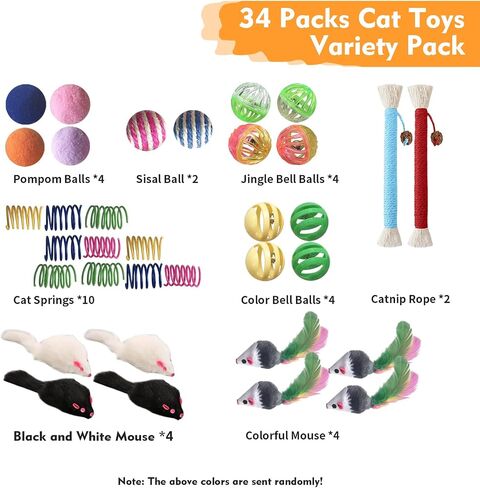 Cat Toys for Indoor Cats, 34 Packs Interactive Cat Toys for Kitten, Cat Toys Set with Colorful Cat Spring Toys, Cat Mouse Toy, Catnip Ropes, Colorful Balls and Bells, Sisal Ball in Saudi Arabia