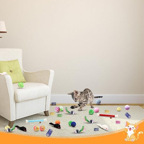 Cat Toys for Indoor Cats, 34 Packs Interactive Cat Toys for Kitten, Cat Toys Set with Colorful Cat Spring Toys, Cat Mouse Toy, Catnip Ropes, Colorful Balls and Bells, Sisal Ball in Saudi Arabia