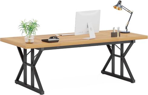 LITTLE TREE 70.8-Inch Large Executive Desk, Modern Computer Office Desk, Wooden Writing Desk Study Table for Home Office, Light Walnut-Black in Kuwait