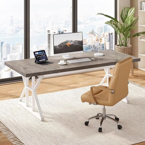 LITTLE TREE 70.8-Inch Large Executive Desk, Modern Computer Office Desk, Wooden Writing Desk Study Table for Home Office, Light Walnut-Black in Kuwait
