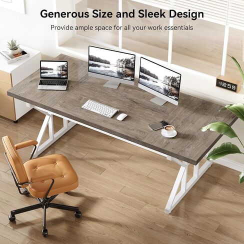 LITTLE TREE 70.8-Inch Large Executive Desk, Modern Computer Office Desk, Wooden Writing Desk Study Table for Home Office, Light Walnut-Black in Kuwait