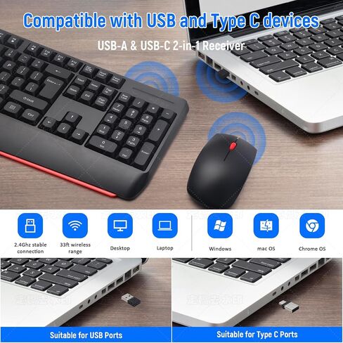 مجموعة لوحة مفاتيح وماوس لاسلكية - تصميم QWERTY بالحجم الكامل، غطاء مفاتيح استريو 2.4G، مجموعة لوحة مفاتيح ميكانيكية مصممة هندسيًا لأجهزة Windows، والكمبيوتر الشخصي، والكمبيوتر المحمول، والكمبيوتر المحمول، والكمبيوتر مع جهاز استقبال USB-A وUSB-C 2 في 1 in Saudi Arabia
